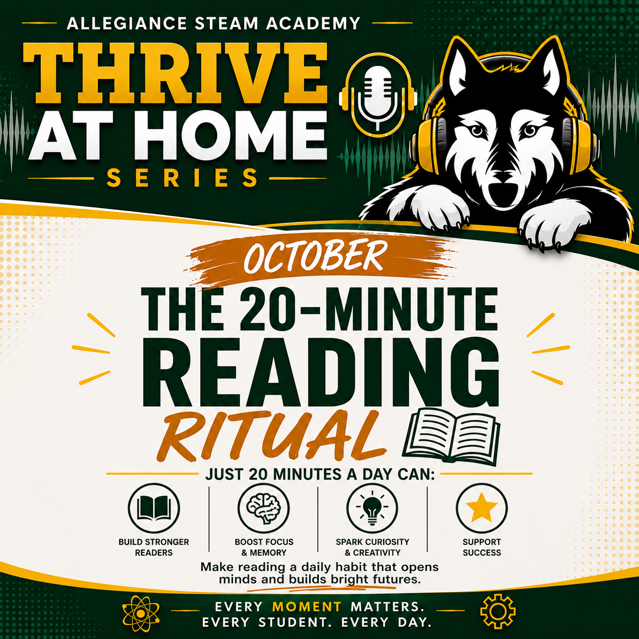 A promotional graphic for the Thrive at Home Series, highlighting The 20-Minute Reading Ritual for October with a wolf mascot.